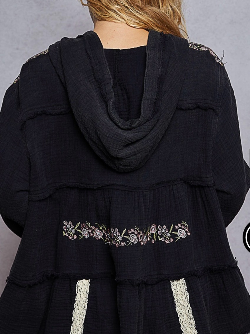 POL Woven zip up layered Hooded Women’s Top with Floral Embroidery - Black